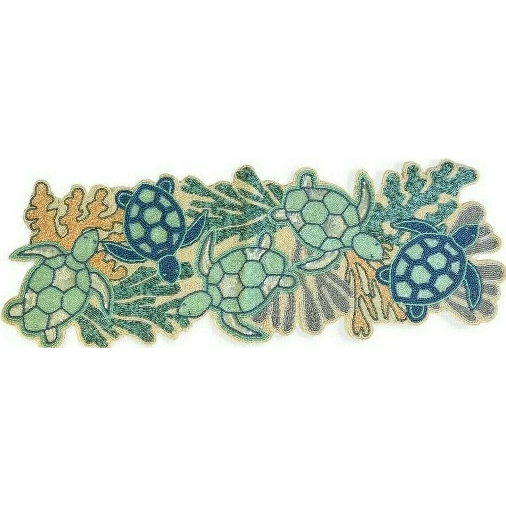 Sea Turtles Beaded Table Runner 36x14 Nautical Coral Ocean Beach Summer House